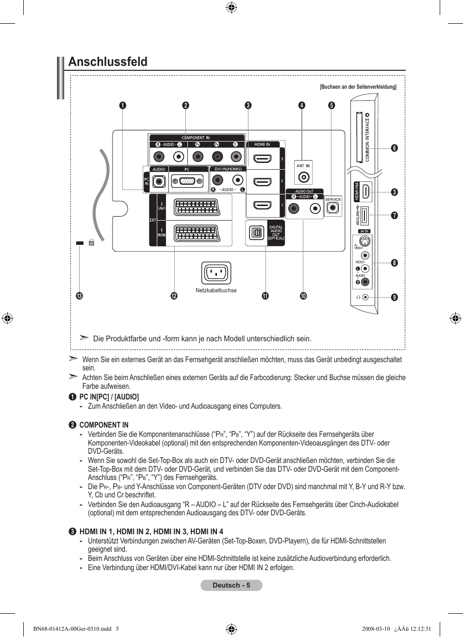 Anschlussfeld | Samsung LE37A656A1F User Manual | Page 143 / 546