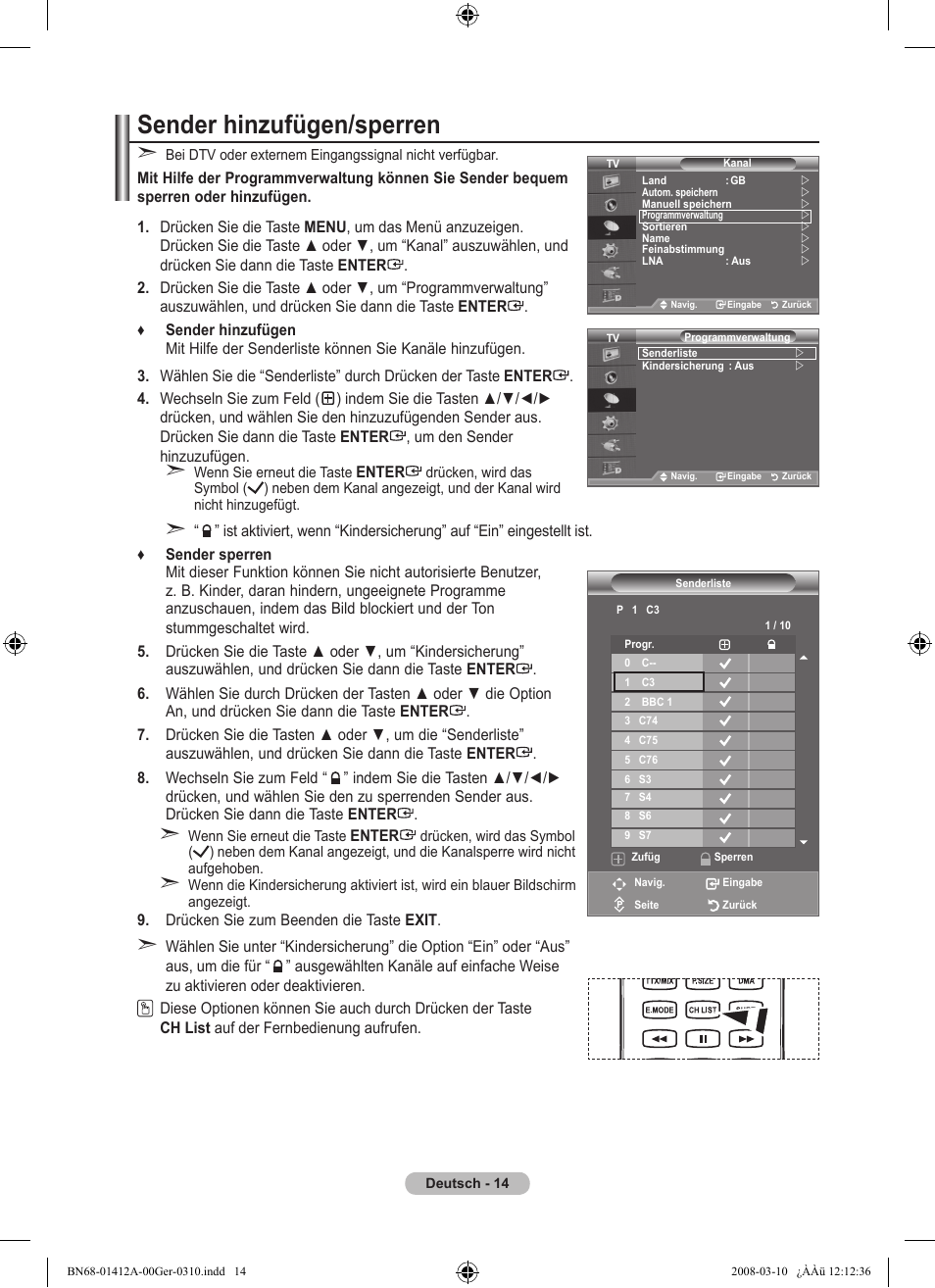 Sender hinzufügen/sperren | Samsung LE37A656A1F User Manual | Page 152 / 546