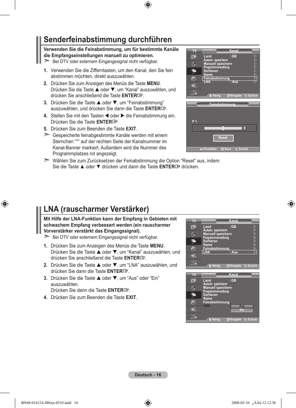 Senderfeinabstimmung durchführen, Lna (rauscharmer verstärker) | Samsung LE37A656A1F User Manual | Page 154 / 546