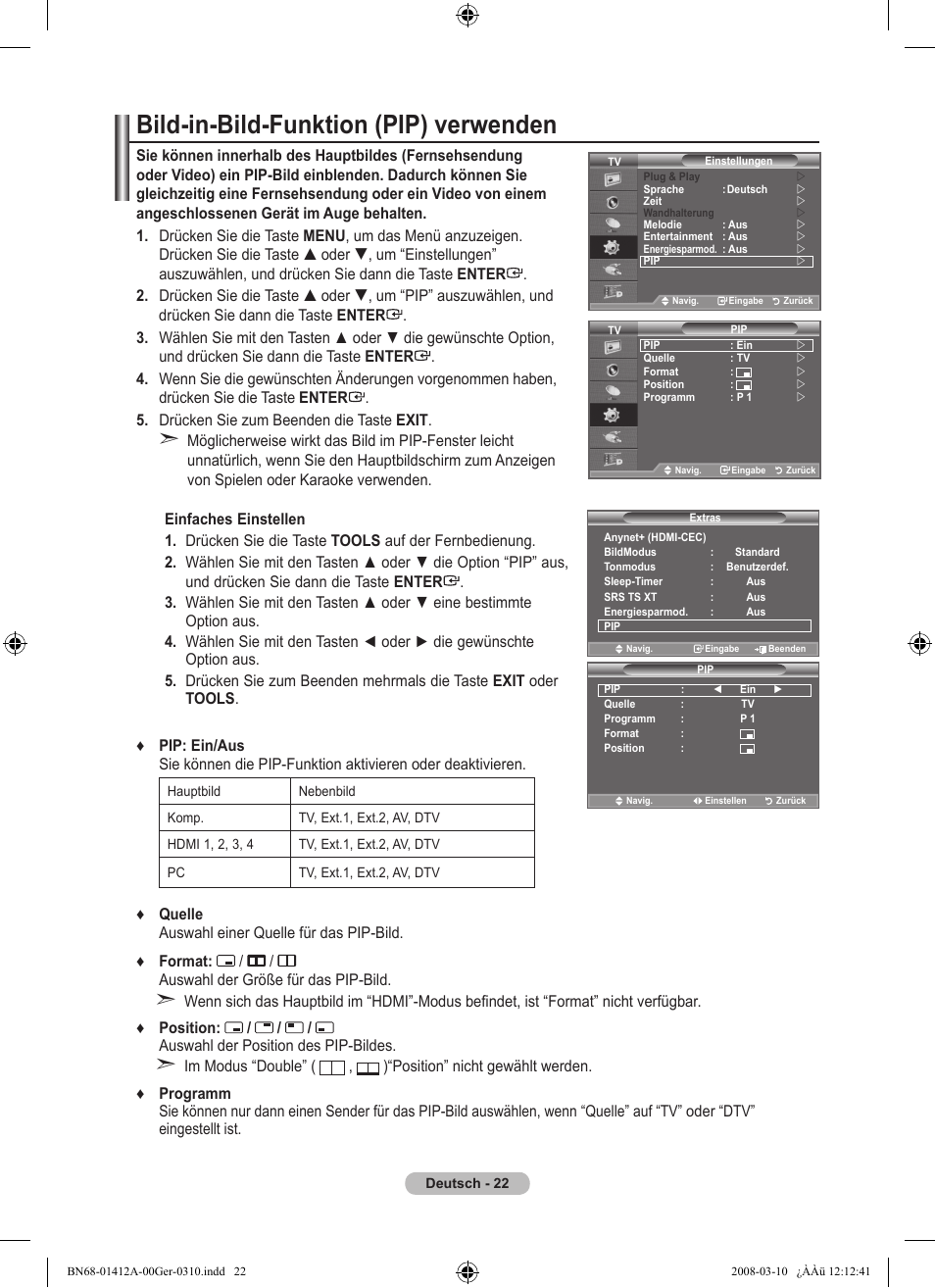 Bild-in-bild-funktion (pip) verwenden | Samsung LE37A656A1F User Manual | Page 160 / 546