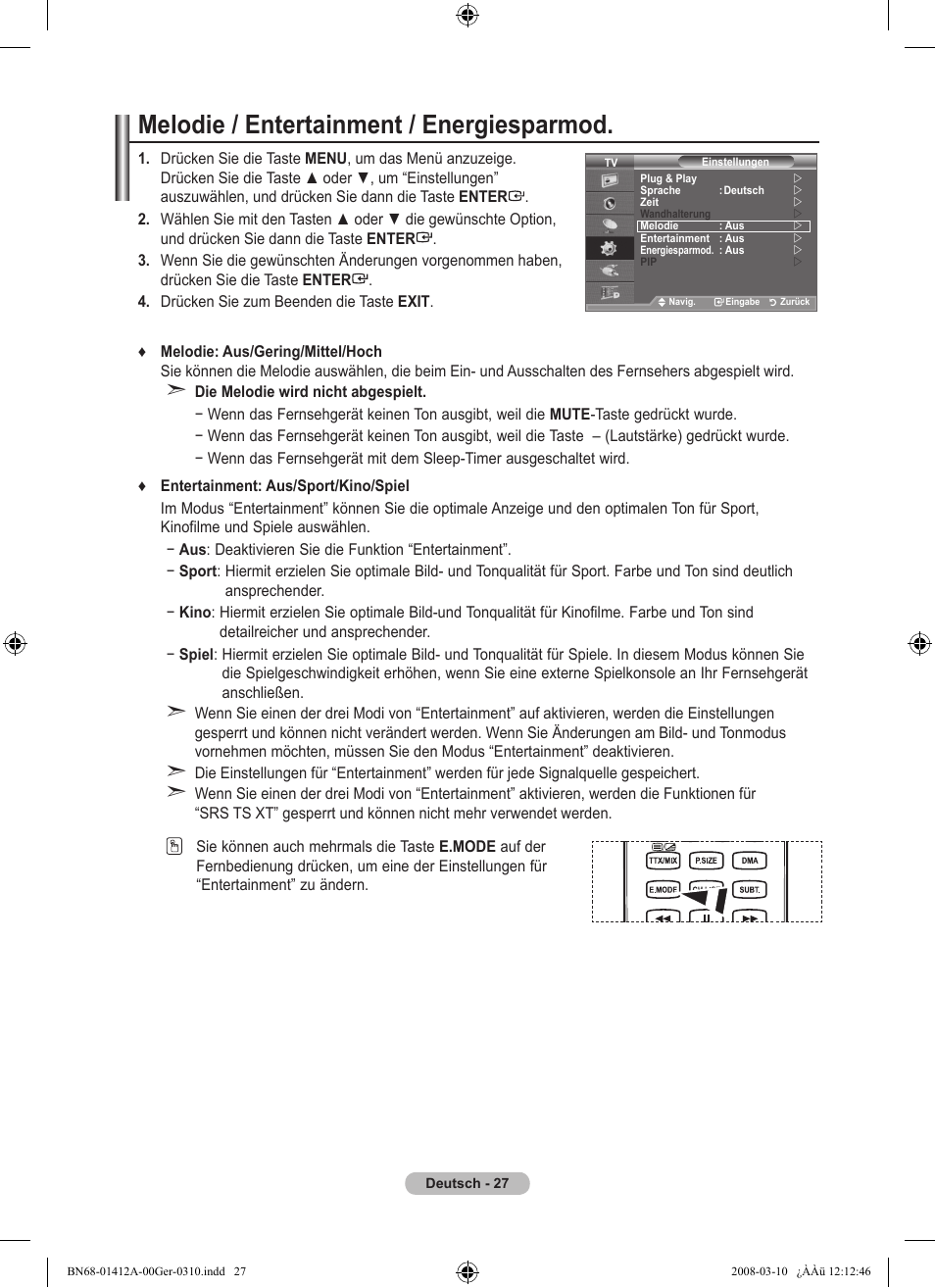 Melodie / entertainment / energiesparmod | Samsung LE37A656A1F User Manual | Page 165 / 546