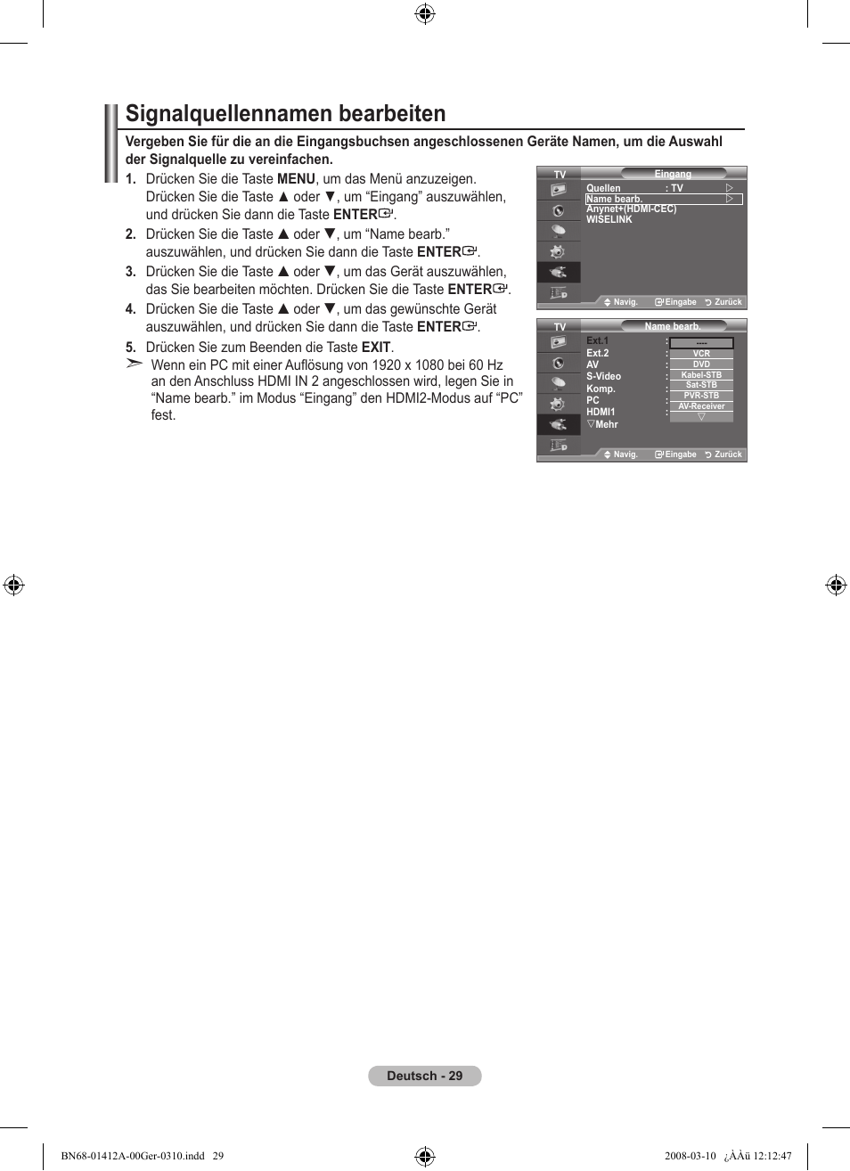 Signalquellennamen bearbeiten | Samsung LE37A656A1F User Manual | Page 167 / 546