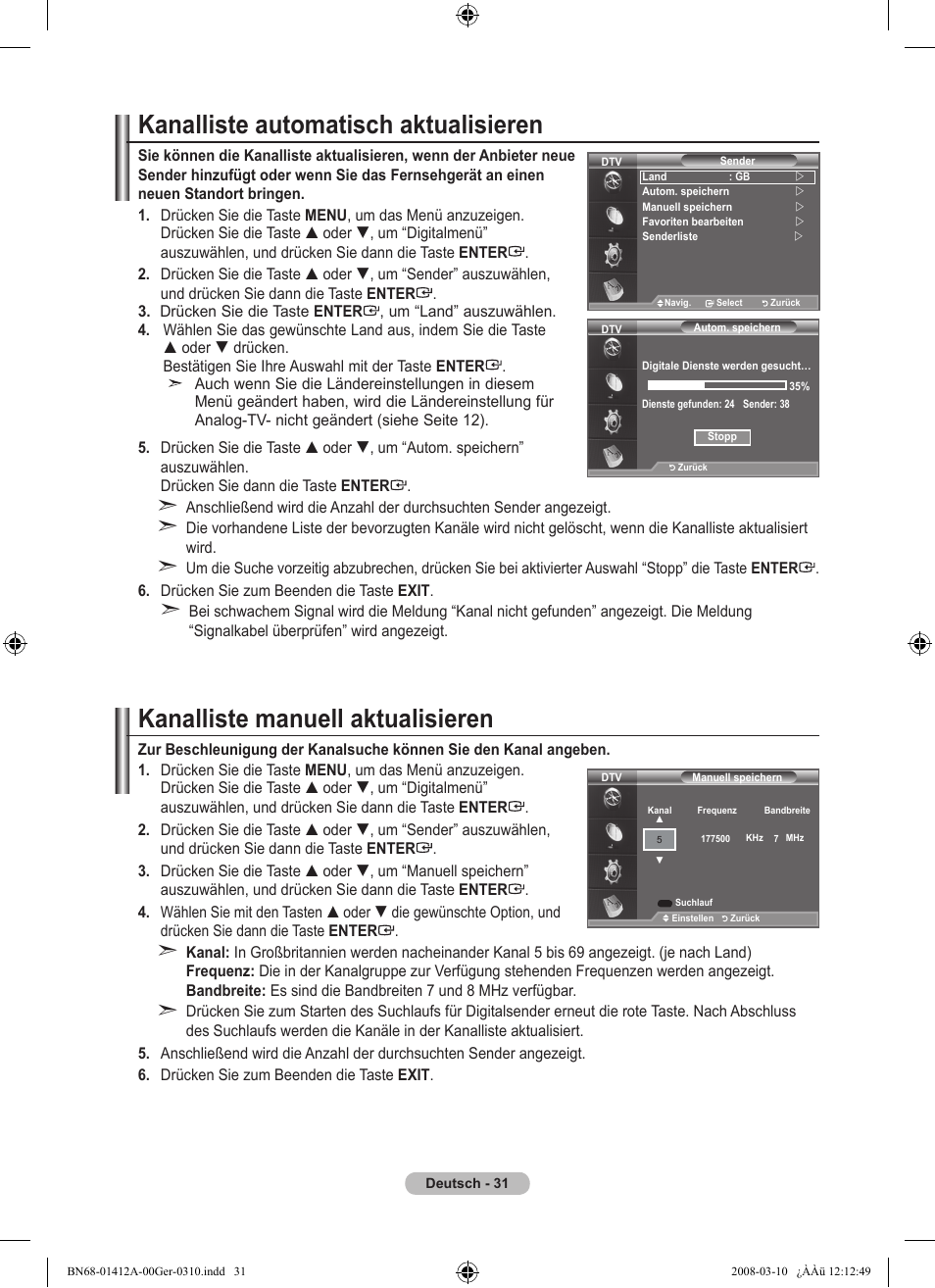 Kanalliste automatisch aktualisieren, Kanalliste manuell aktualisieren | Samsung LE37A656A1F User Manual | Page 169 / 546