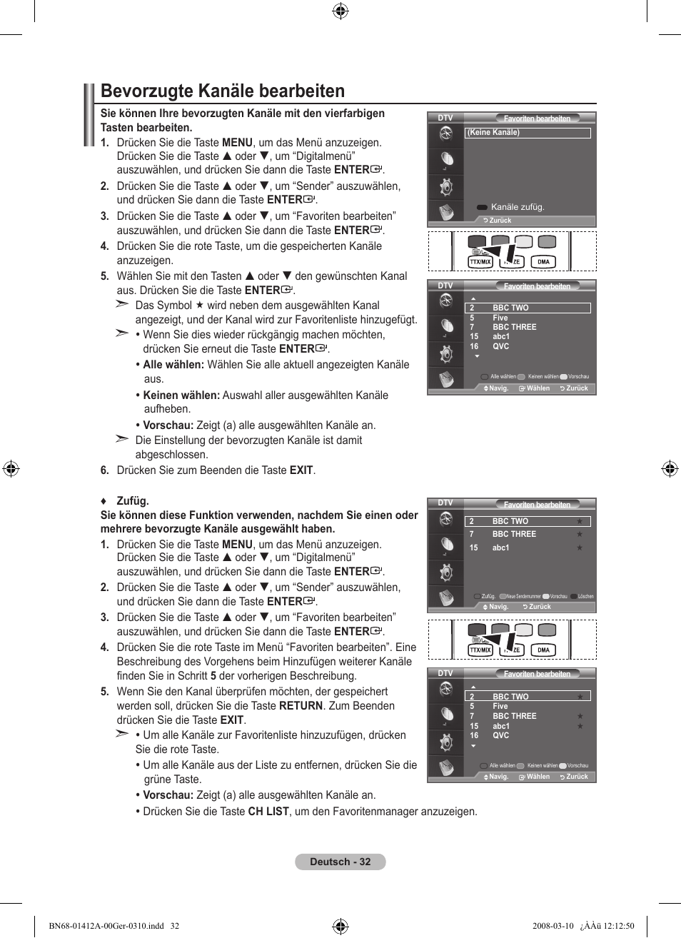 Bevorzugte kanäle bearbeiten | Samsung LE37A656A1F User Manual | Page 170 / 546