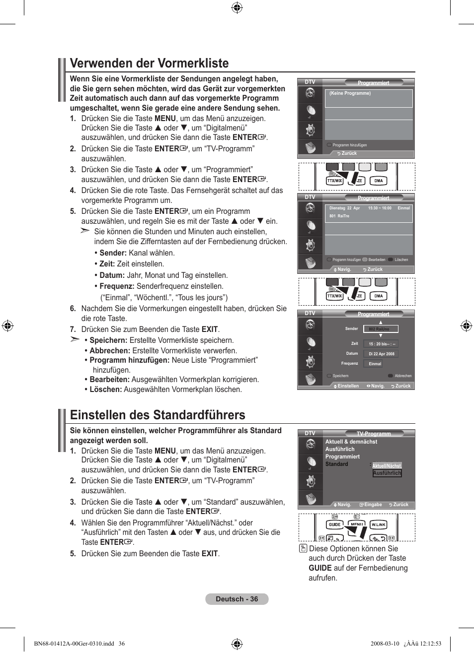 Verwenden der vormerkliste, Einstellen des standardführers | Samsung LE37A656A1F User Manual | Page 174 / 546