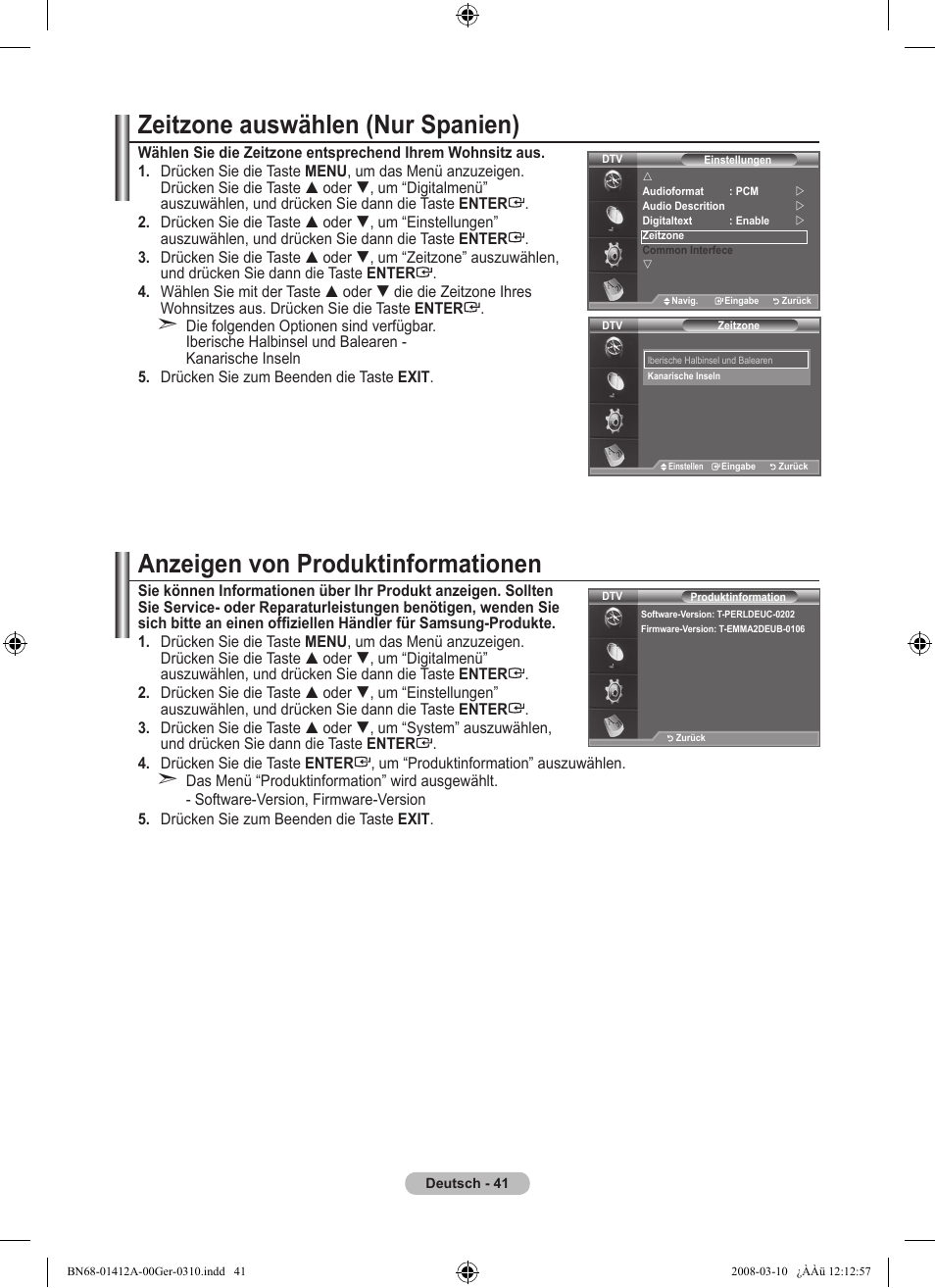 Zeitzone auswählen (nur spanien), Anzeigen von produktinformationen | Samsung LE37A656A1F User Manual | Page 179 / 546