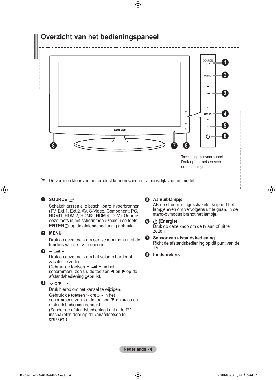 Overzicht van het bedieningspaneel | Samsung LE37A656A1F User Manual | Page 210 / 546