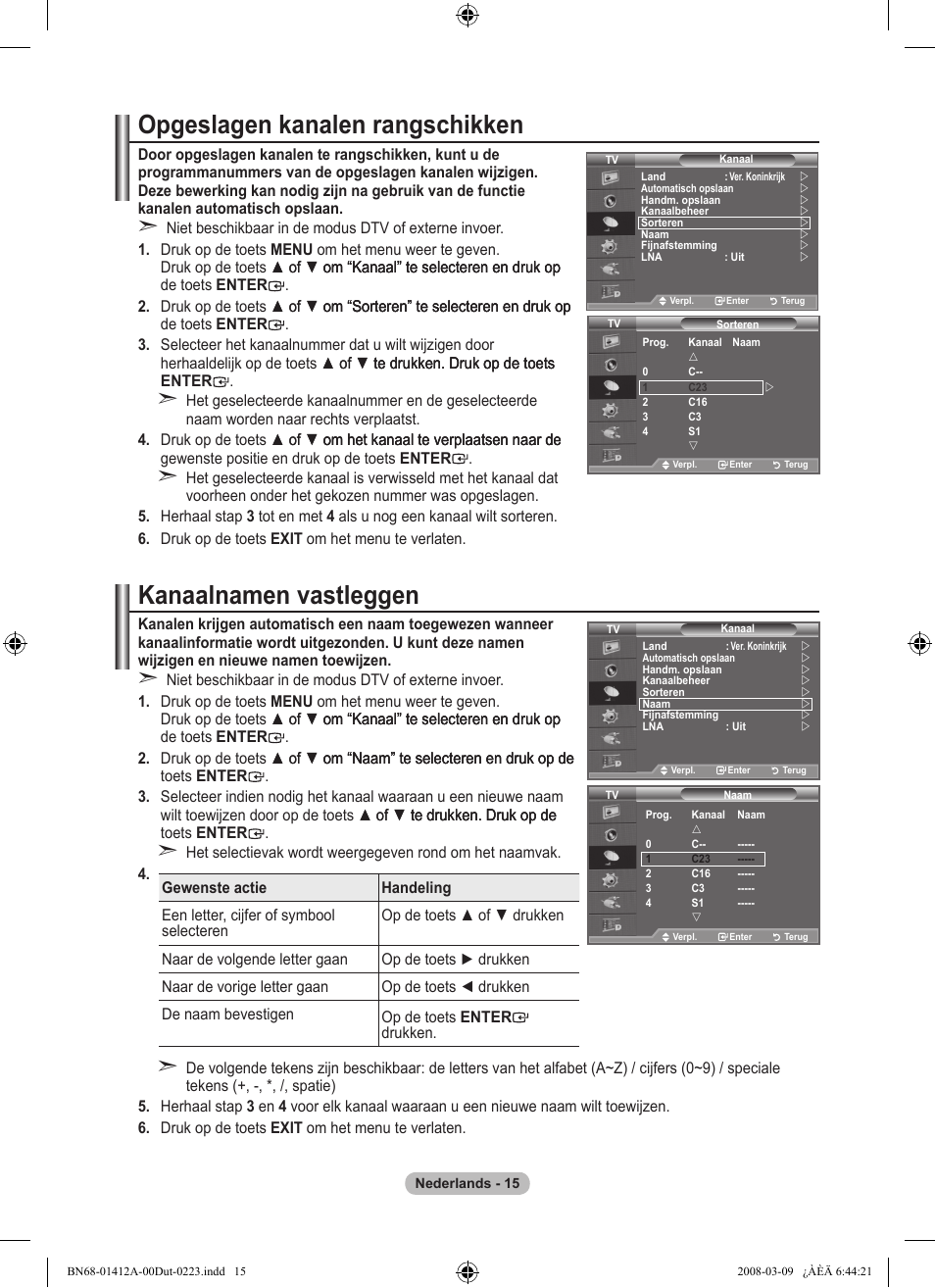 Opgeslagen kanalen rangschikken, Kanaalnamen vastleggen | Samsung LE37A656A1F User Manual | Page 221 / 546