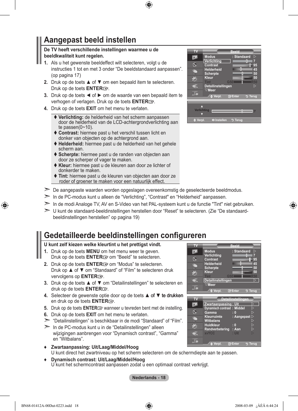 Aangepast beeld instellen, Gedetailleerde beeldinstellingen configureren | Samsung LE37A656A1F User Manual | Page 224 / 546