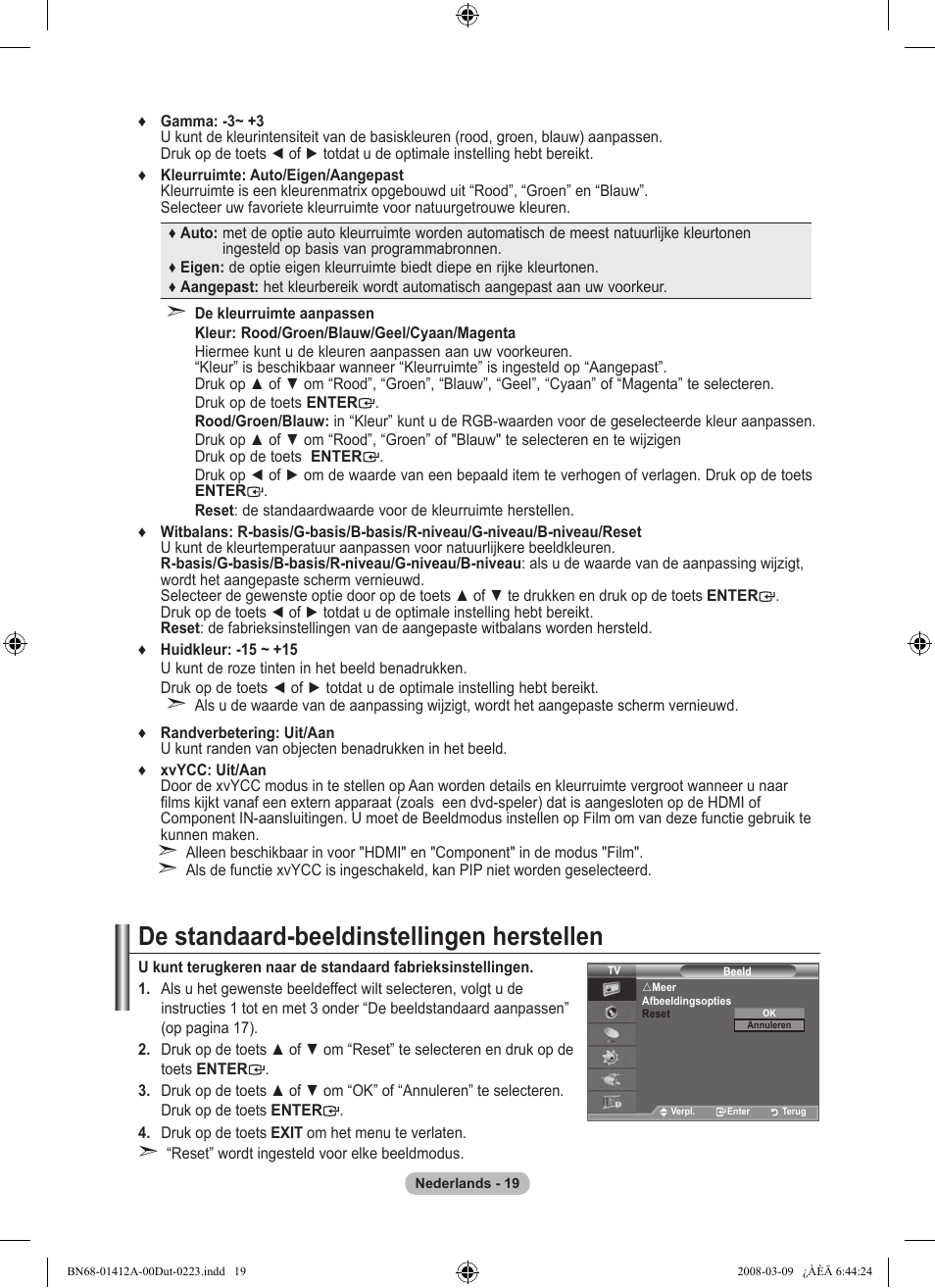 De standaard-beeldinstellingen herstellen | Samsung LE37A656A1F User Manual | Page 225 / 546