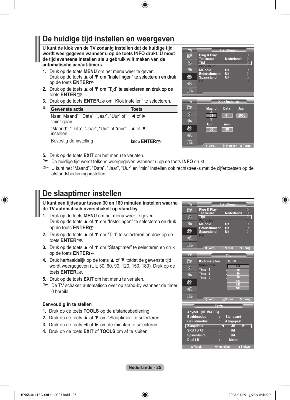 De huidige tijd instellen en weergeven, De slaaptimer instellen | Samsung LE37A656A1F User Manual | Page 231 / 546