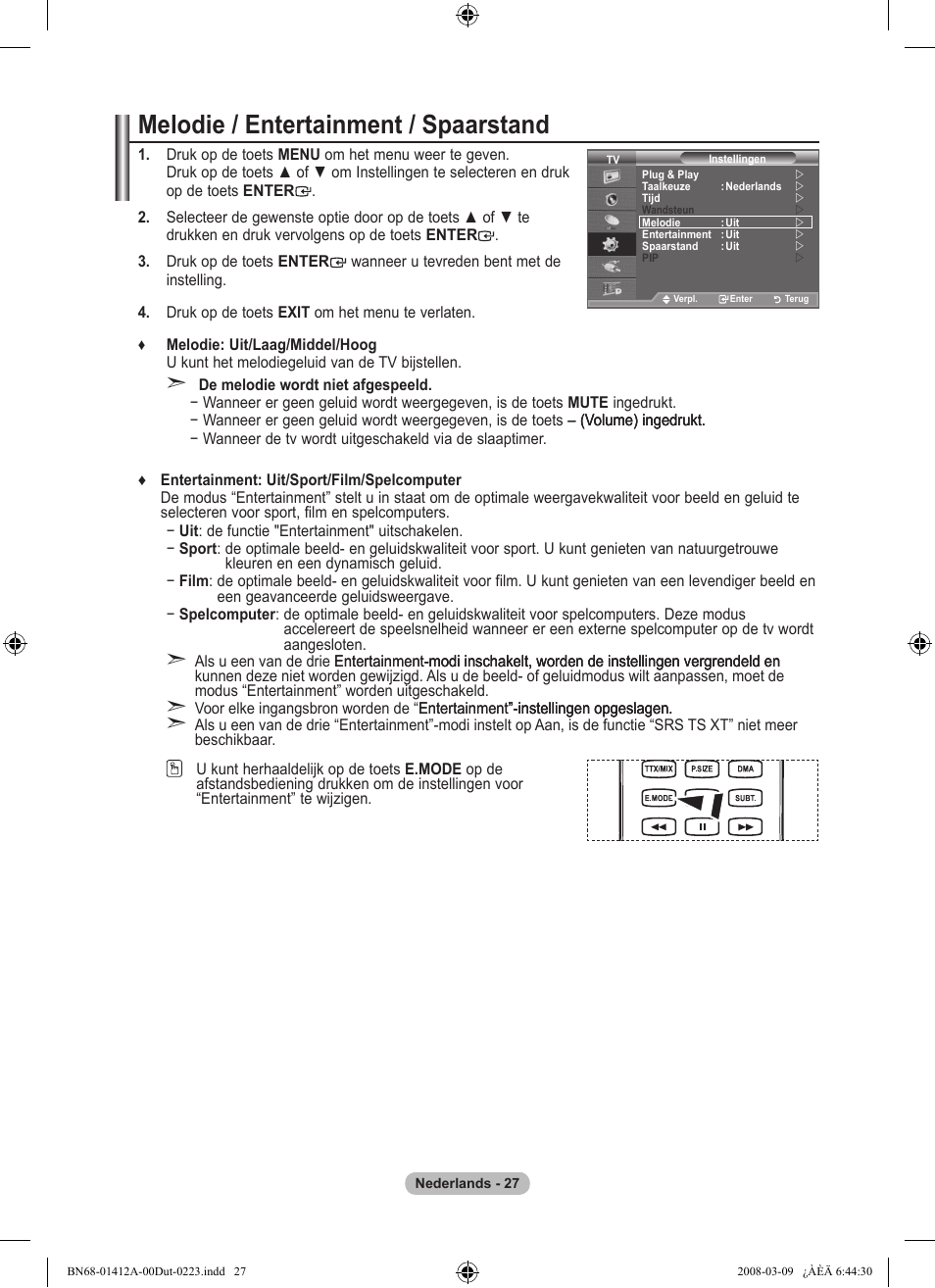 Melodie / entertainment / spaarstand | Samsung LE37A656A1F User Manual | Page 233 / 546