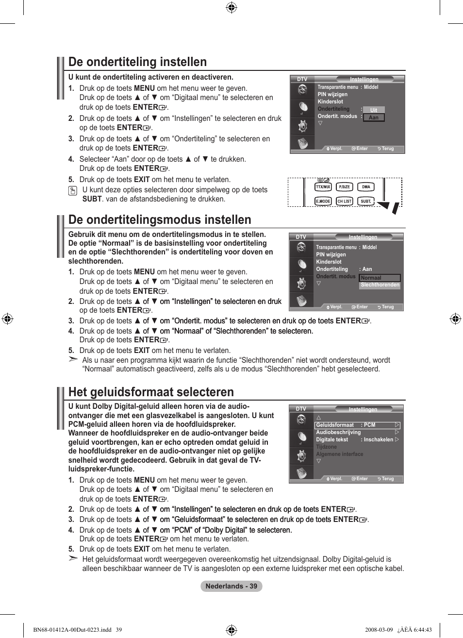 De ondertiteling instellen, De ondertitelingsmodus instellen, Het geluidsformaat selecteren | Samsung LE37A656A1F User Manual | Page 245 / 546