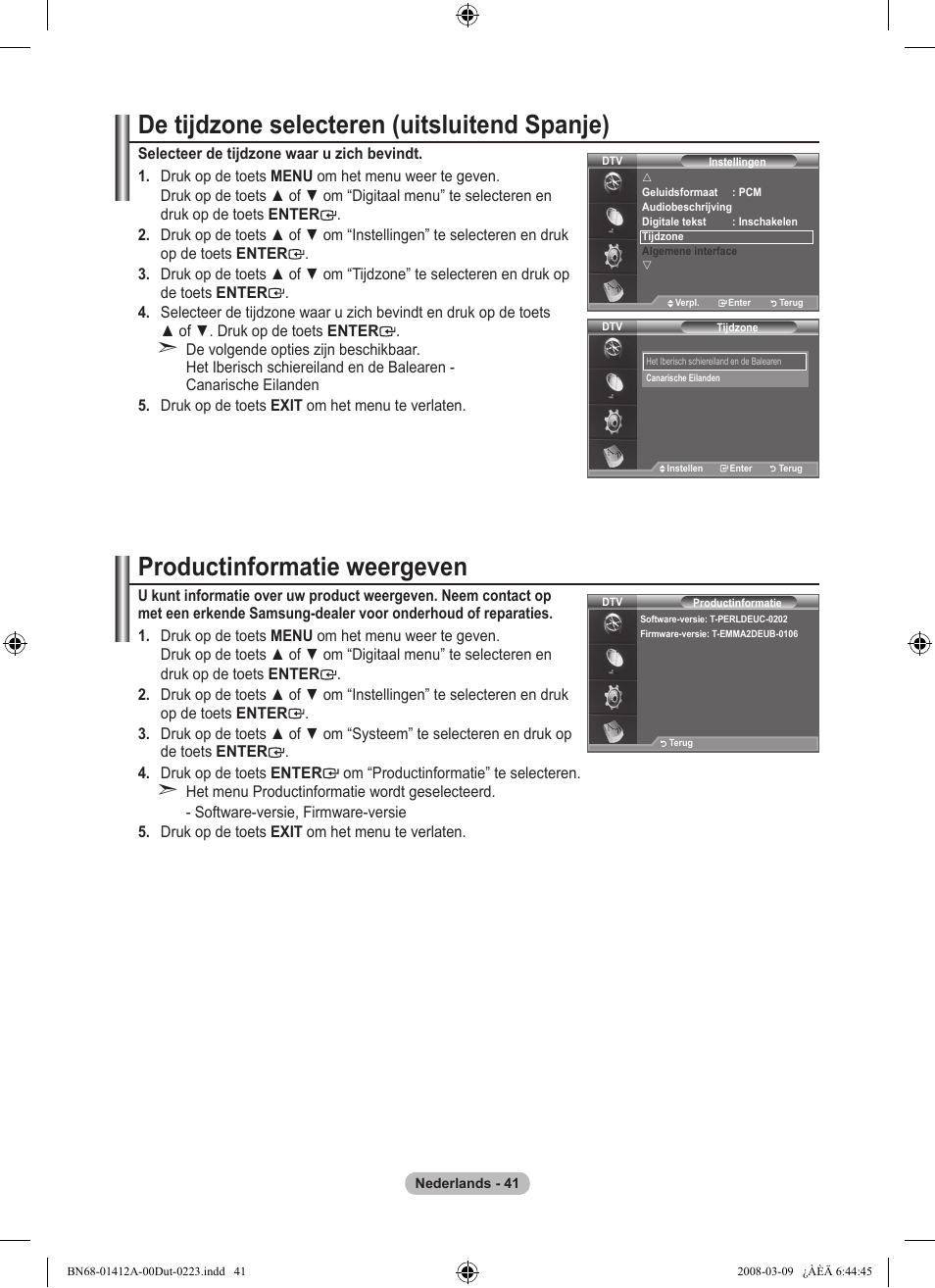 De tijdzone selecteren (uitsluitend spanje), Productinformatie weergeven | Samsung LE37A656A1F User Manual | Page 247 / 546