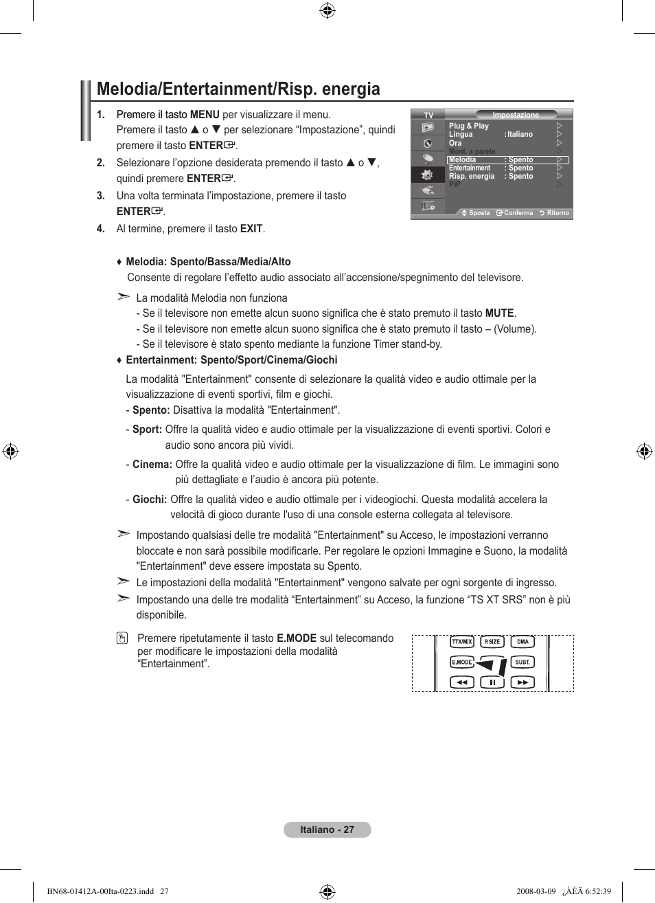 Melodia/entertainment/risp. energia | Samsung LE37A656A1F User Manual | Page 301 / 546