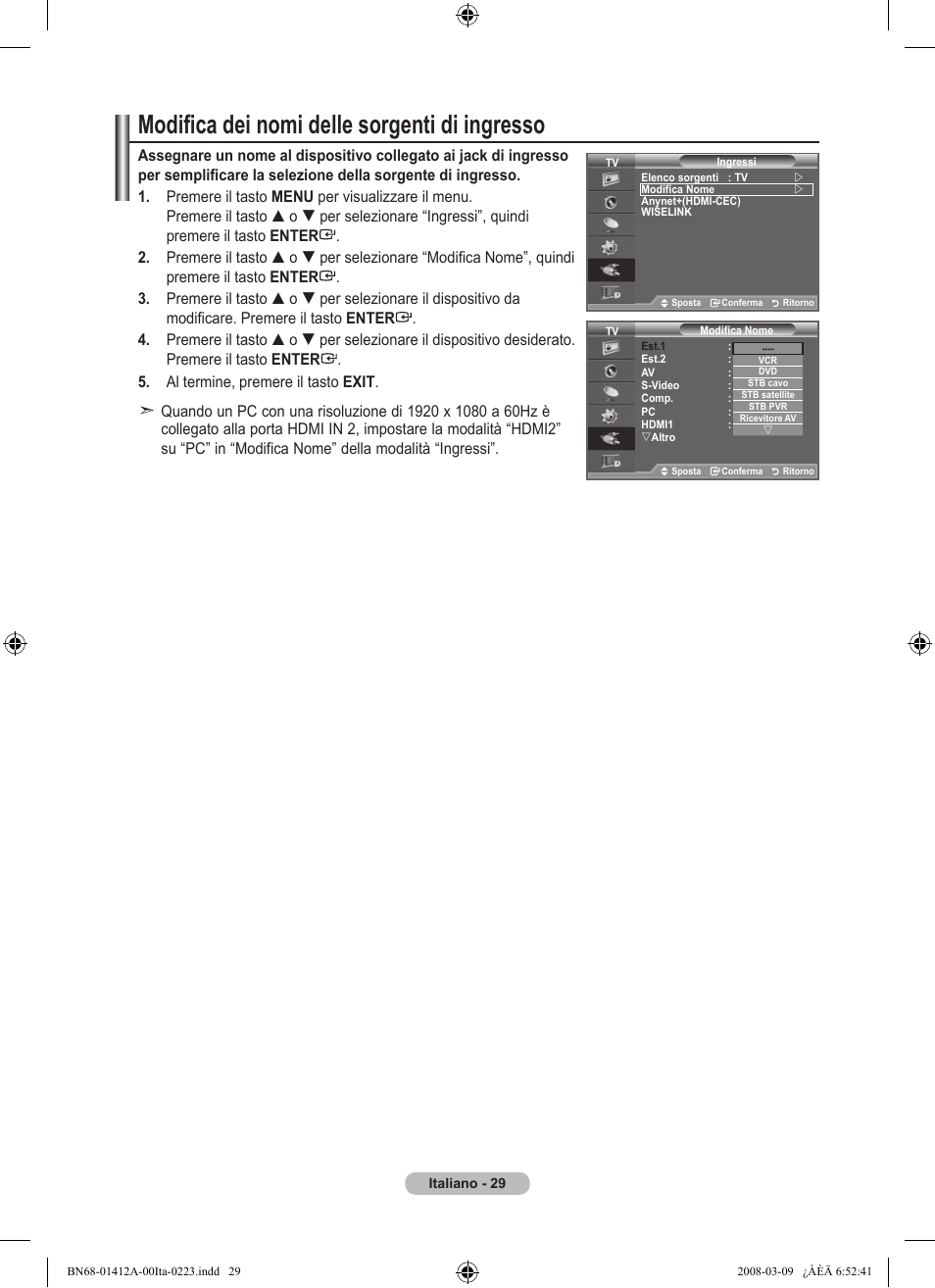 Modifica dei nomi delle sorgenti di ingresso | Samsung LE37A656A1F User Manual | Page 303 / 546