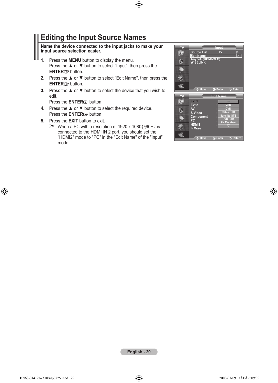 Editing the input source names | Samsung LE37A656A1F User Manual | Page 31 / 546