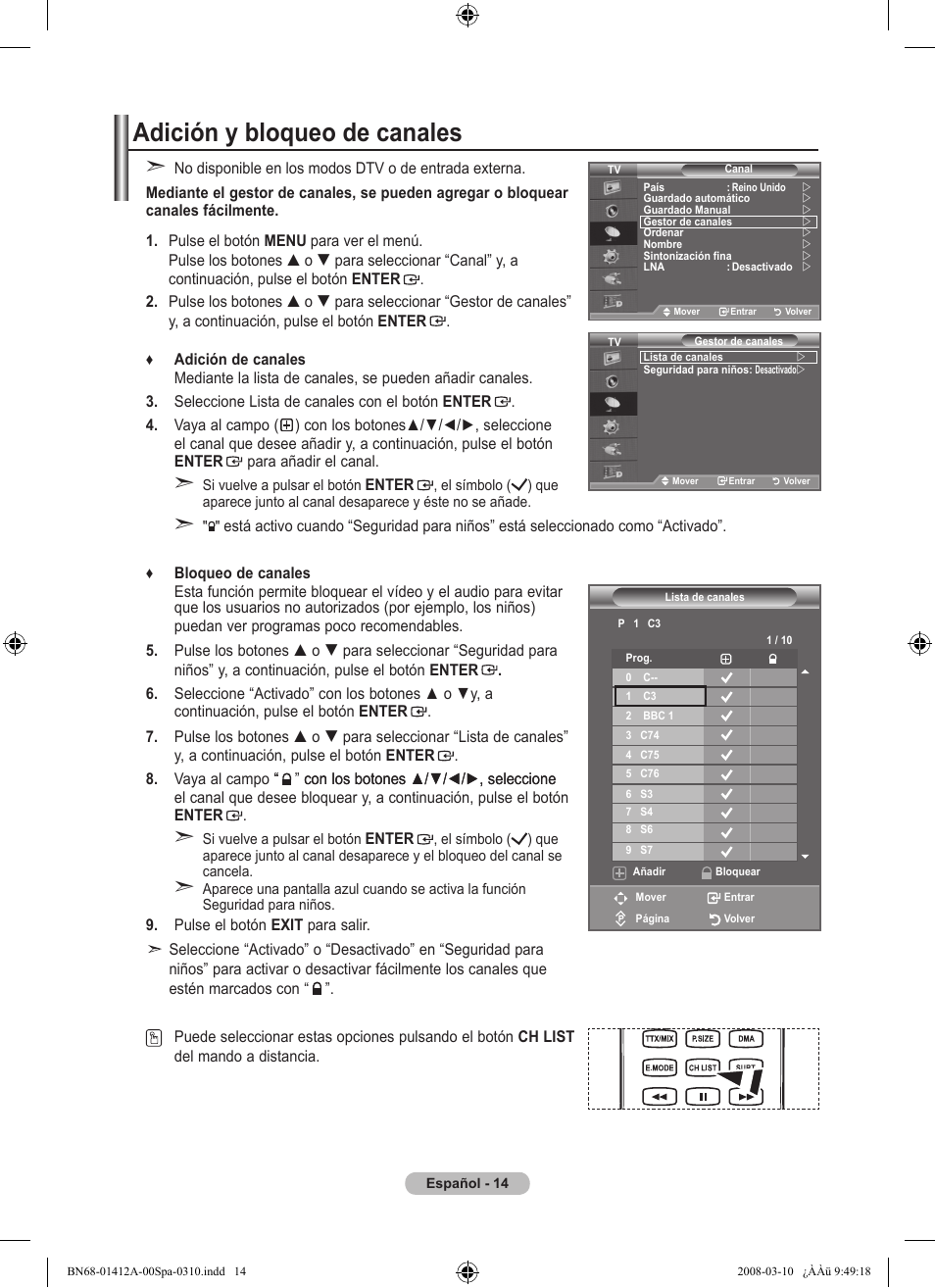 Adición y bloqueo de canales | Samsung LE37A656A1F User Manual | Page 356 / 546