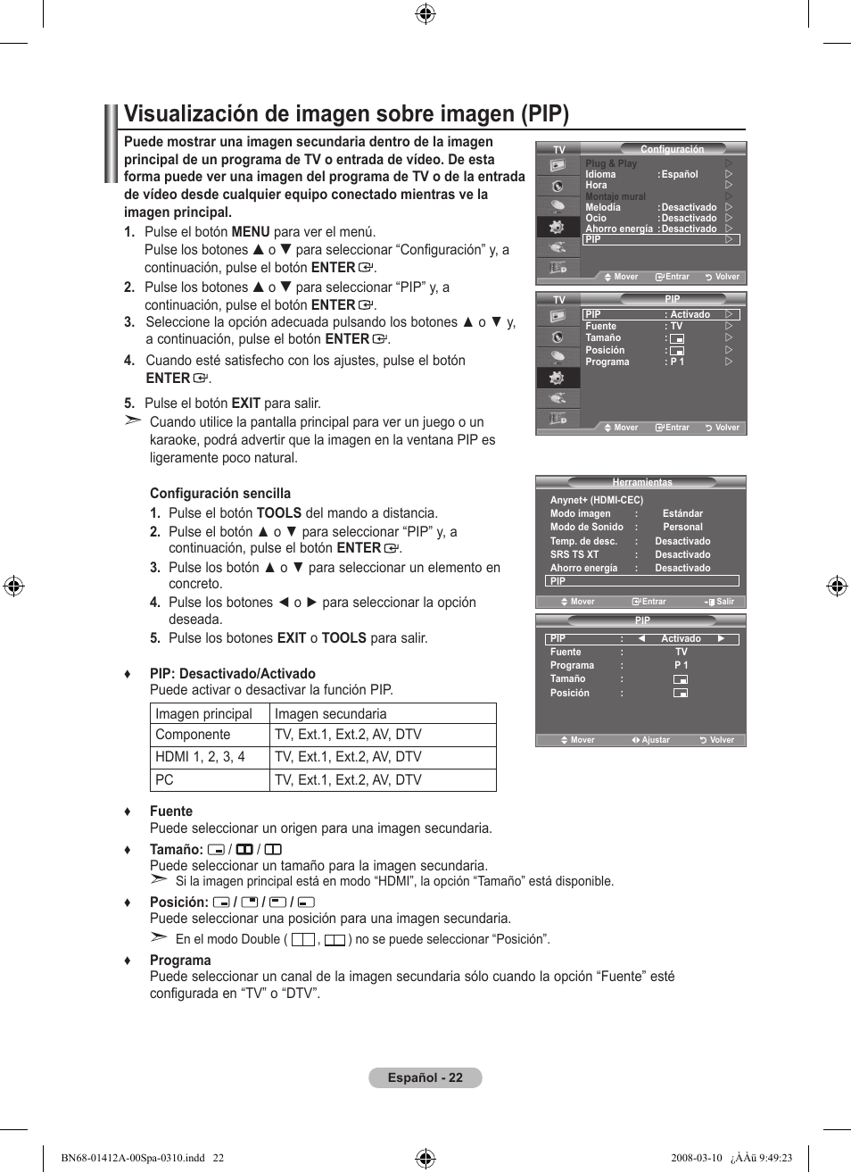 Visualización de imagen sobre imagen (pip) | Samsung LE37A656A1F User Manual | Page 364 / 546