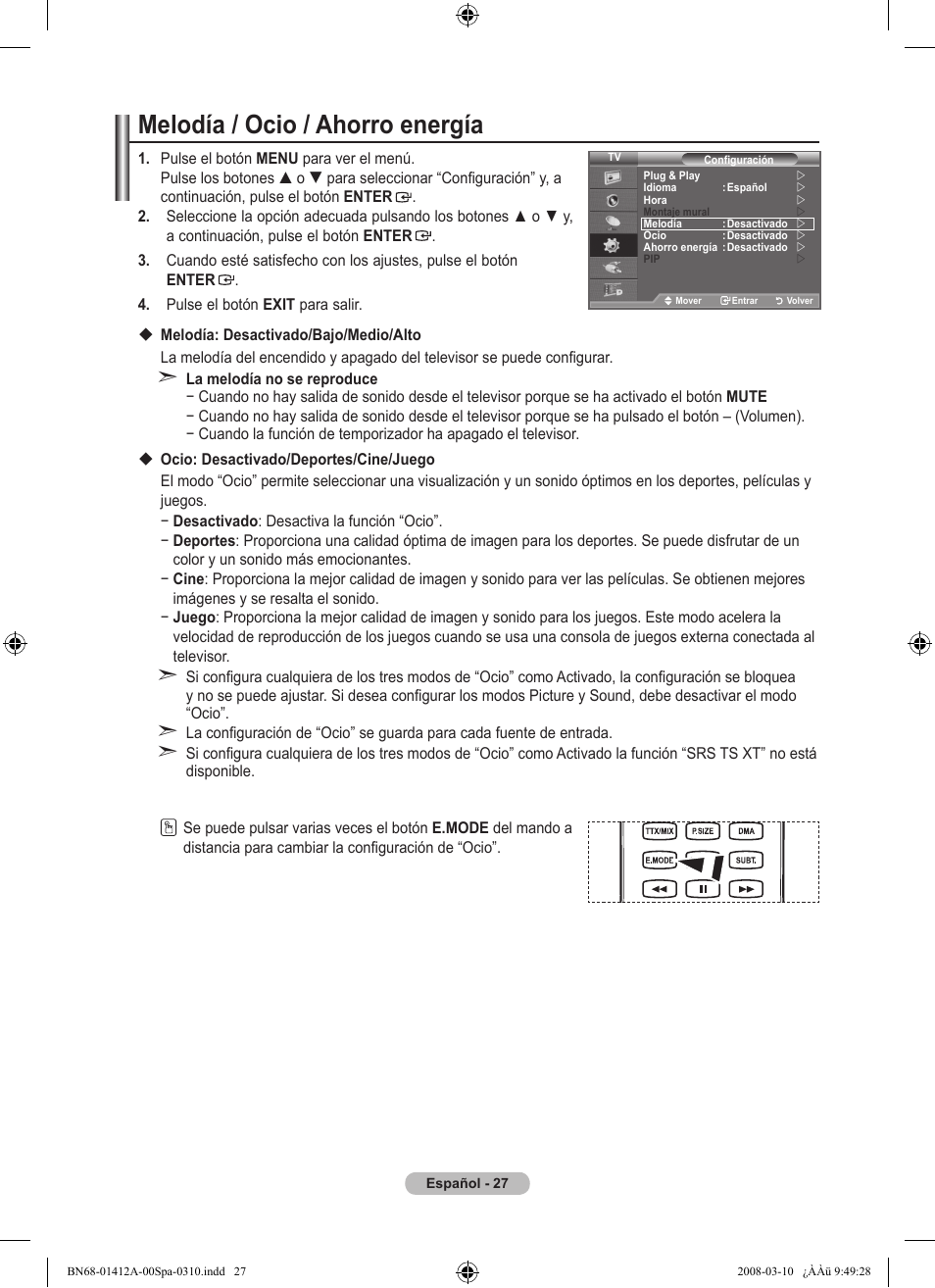 Melodía / ocio / ahorro energía | Samsung LE37A656A1F User Manual | Page 369 / 546