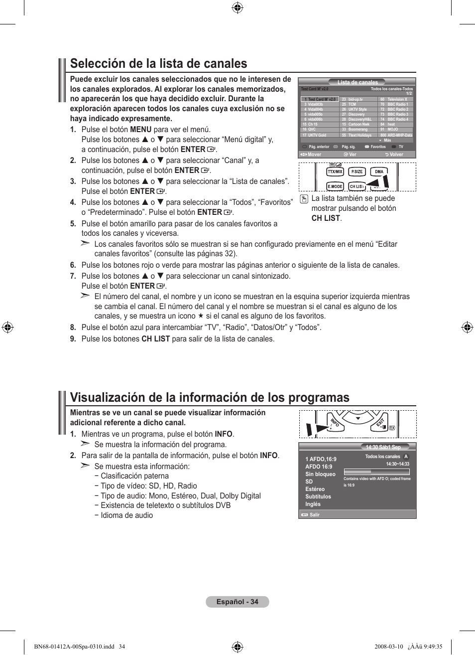 Selección de la lista de canales, Visualización de la información de los programas | Samsung LE37A656A1F User Manual | Page 376 / 546