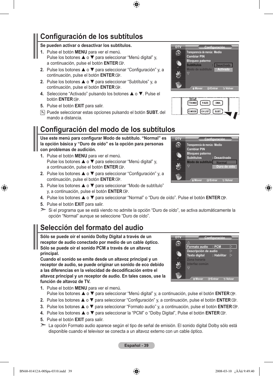 Configuración de los subtítulos, Configuración del modo de los subtítulos, Selección del formato del audio | Samsung LE37A656A1F User Manual | Page 381 / 546