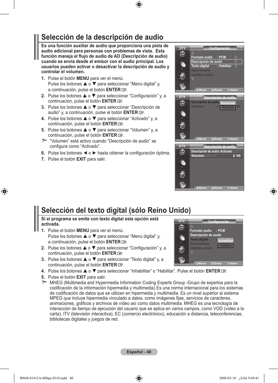 Selección de la descripción de audio, Selección del texto digital (sólo reino unido) | Samsung LE37A656A1F User Manual | Page 382 / 546