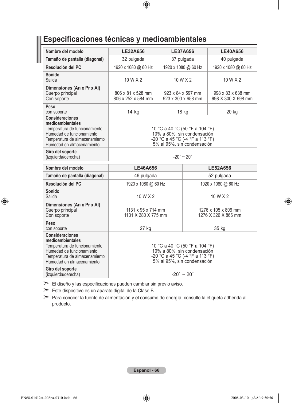 Especificaciones técnicas y medioambientales | Samsung LE37A656A1F User Manual | Page 408 / 546