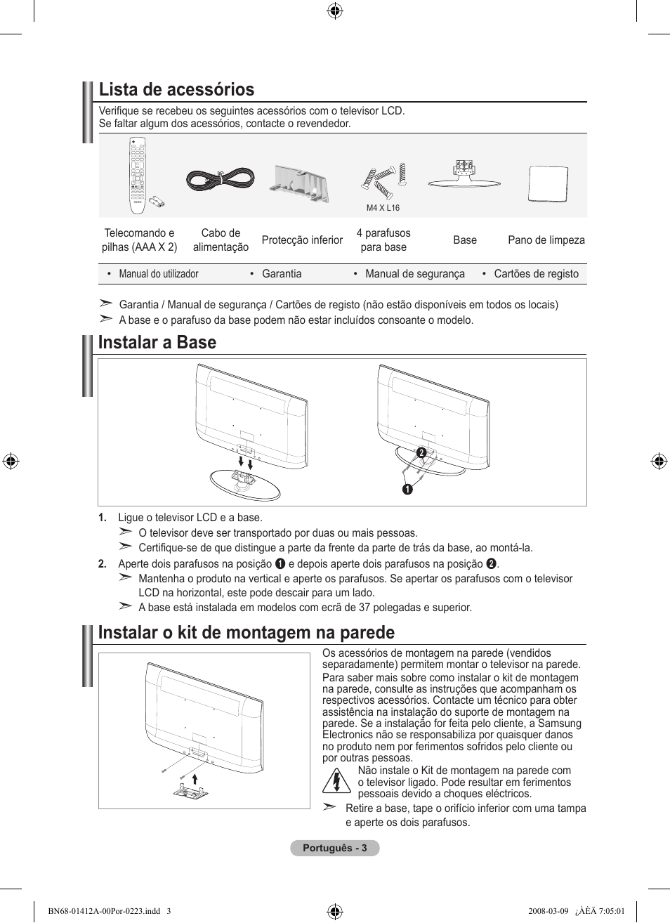 Lista de acessórios, Instalar o kit de montagem na parede, Instalar a base | Samsung LE37A656A1F User Manual | Page 413 / 546