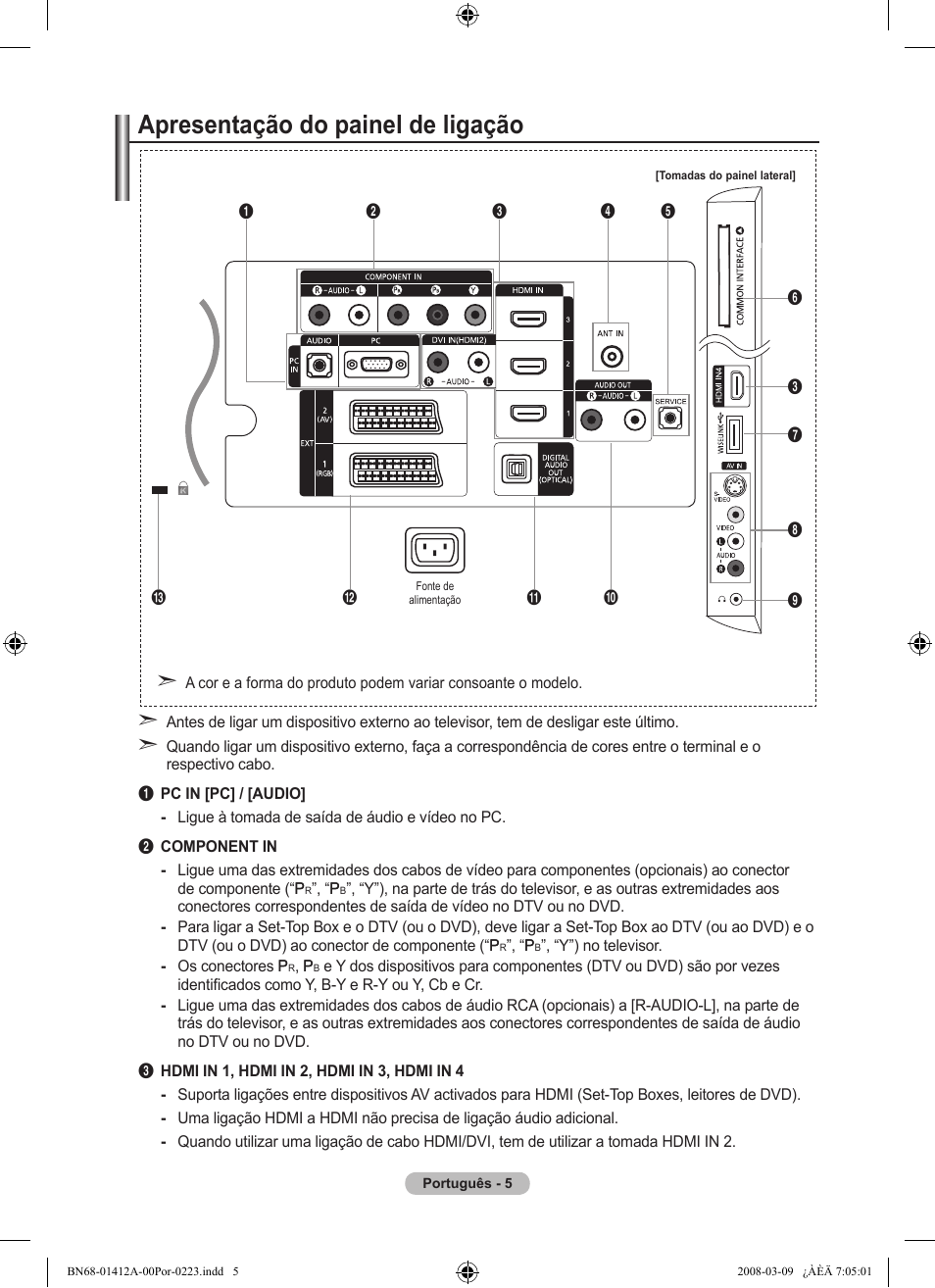 Apresentação do painel de ligação | Samsung LE37A656A1F User Manual | Page 415 / 546