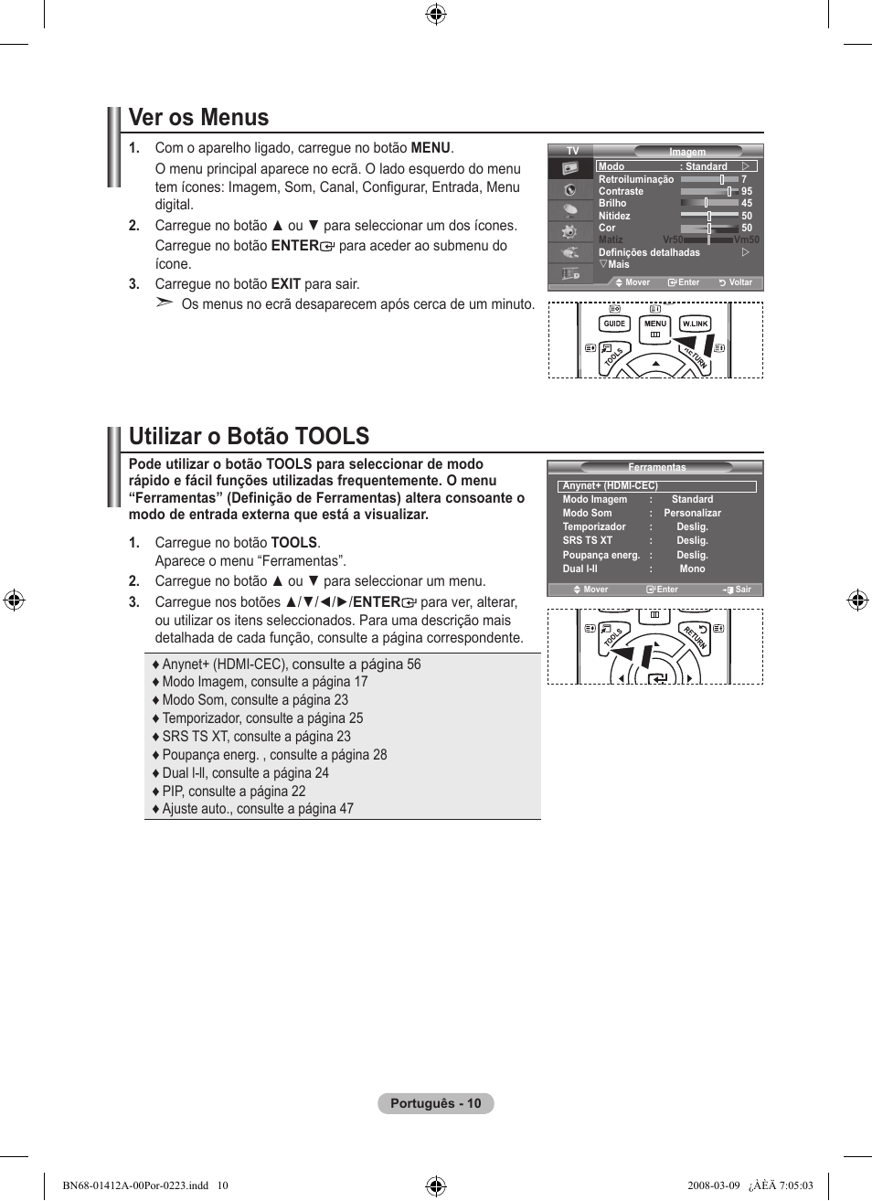 Ver os menus, Utilizar o botão tools | Samsung LE37A656A1F User Manual | Page 420 / 546