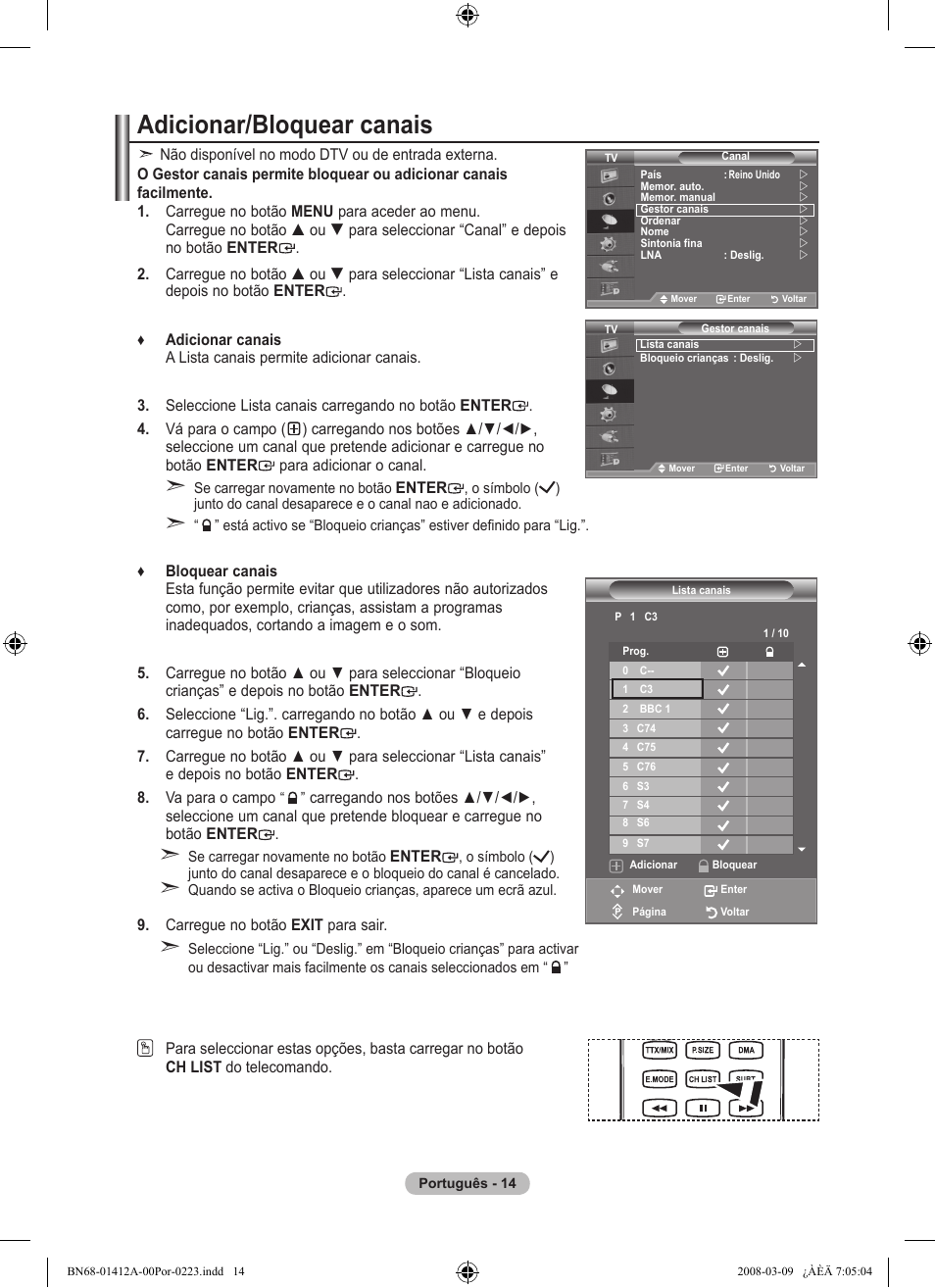 Adicionar/bloquear canais | Samsung LE37A656A1F User Manual | Page 424 / 546