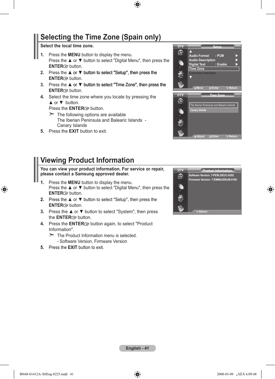 Selecting the time zone (spain only), Viewing product information | Samsung LE37A656A1F User Manual | Page 43 / 546