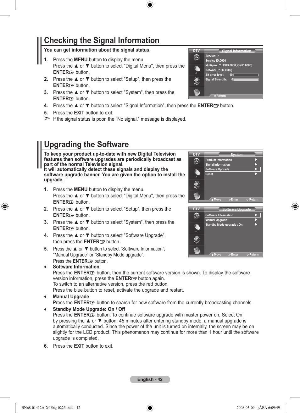 Checking the signal information, Upgrading the software | Samsung LE37A656A1F User Manual | Page 44 / 546