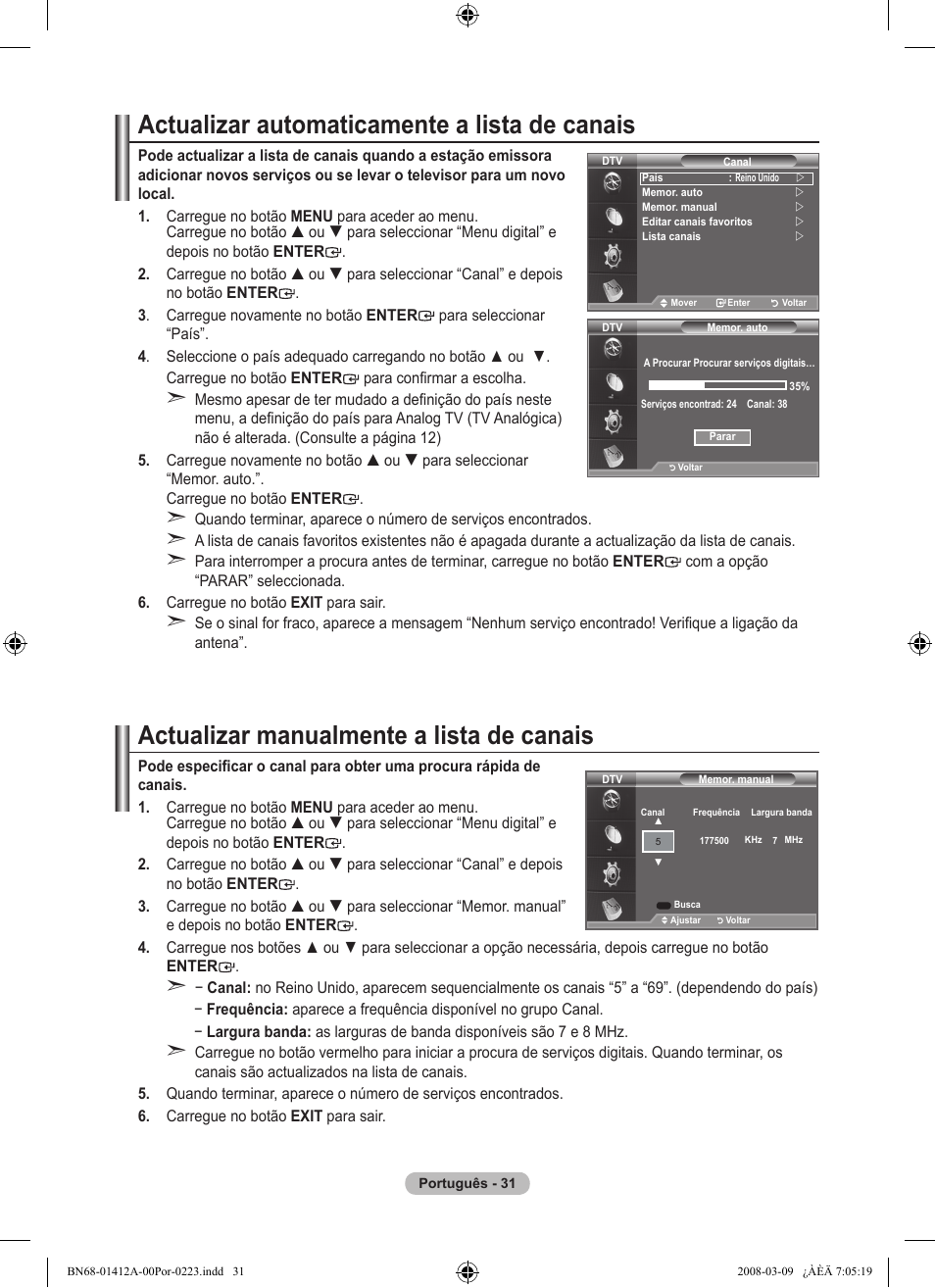 Actualizar automaticamente a lista de canais, Actualizar manualmente a lista de canais | Samsung LE37A656A1F User Manual | Page 441 / 546