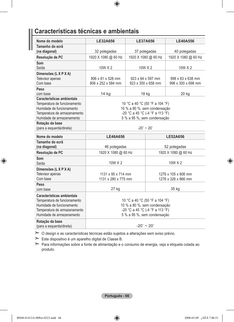 Características técnicas e ambientais | Samsung LE37A656A1F User Manual | Page 476 / 546