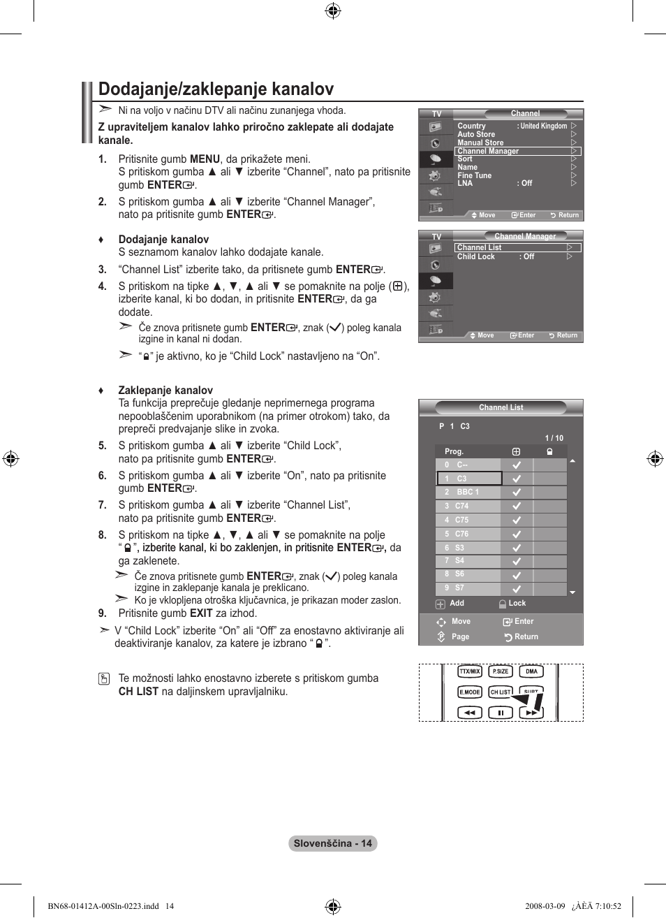 Dodajanje��zaklepanje kanalov | Samsung LE37A656A1F User Manual | Page 492 / 546