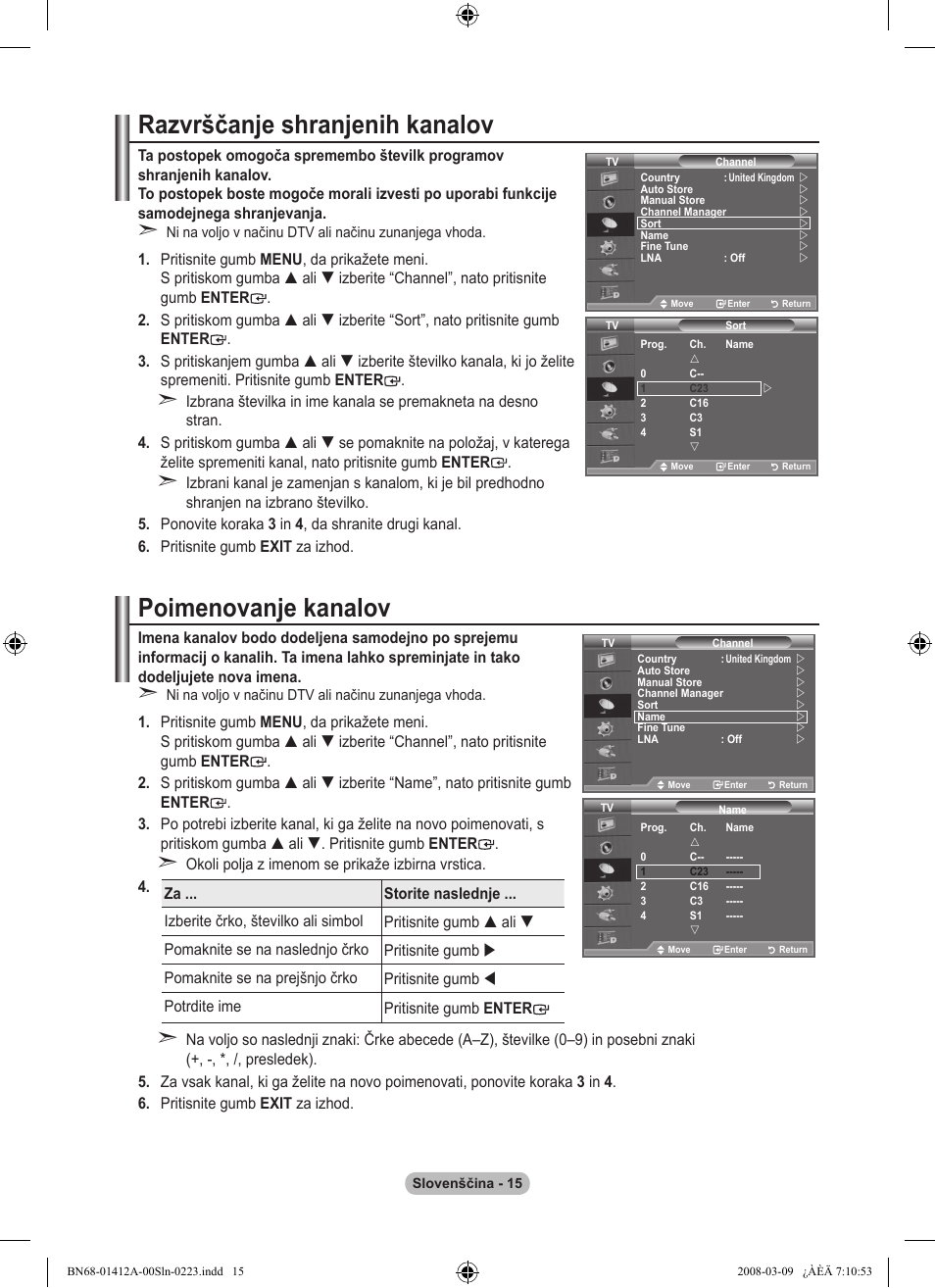 Razvrščanje shranjenih kanalov, Poimenovanje kanalov | Samsung LE37A656A1F User Manual | Page 493 / 546