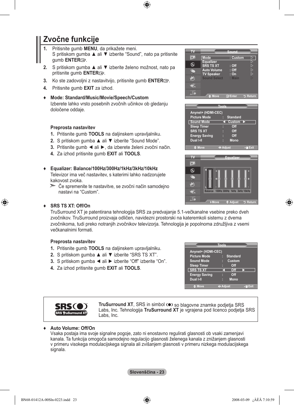 Zvočne funkcije | Samsung LE37A656A1F User Manual | Page 501 / 546