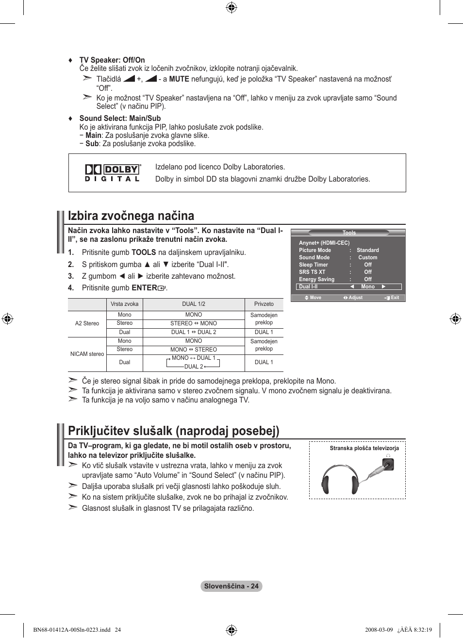 Izbira zvočnega načina, Priključitev slušalk (naprodaj posebej) | Samsung LE37A656A1F User Manual | Page 502 / 546