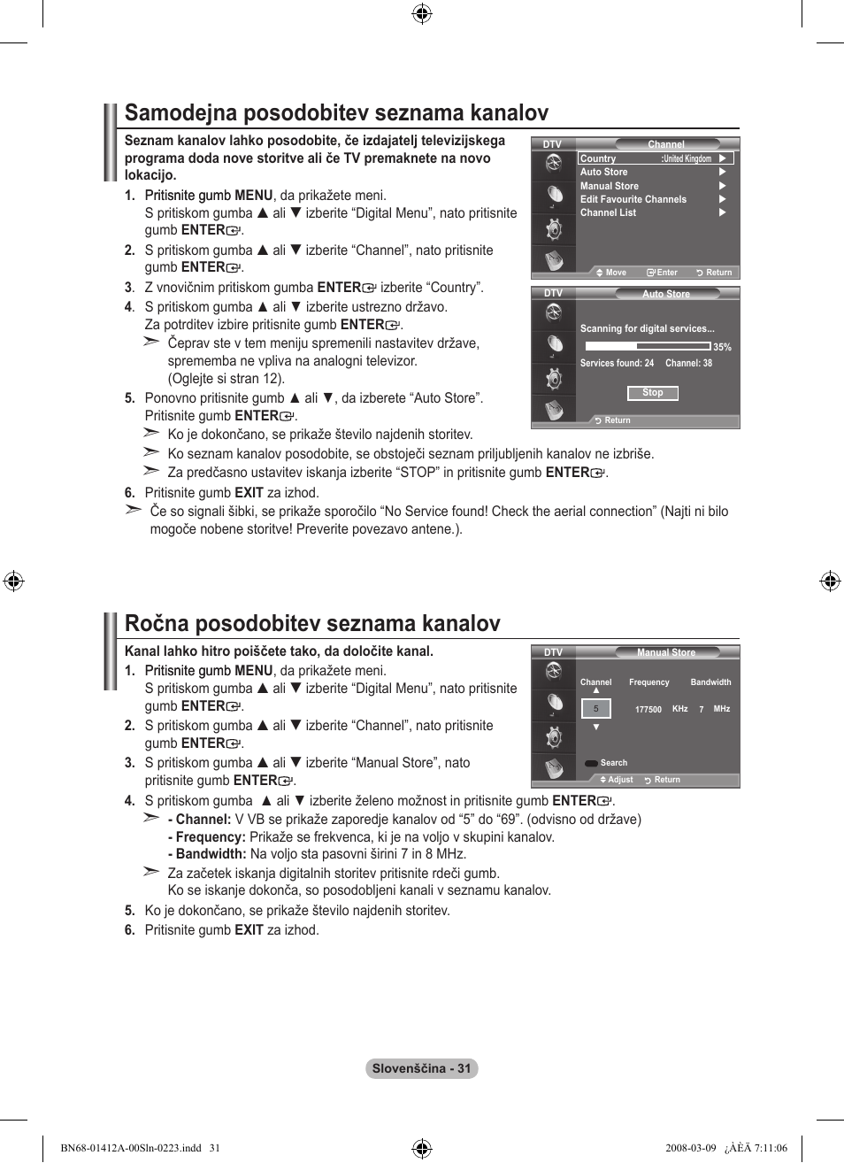 Samodejna posodobitev seznama kanalov, Ročna posodobitev seznama kanalov | Samsung LE37A656A1F User Manual | Page 509 / 546