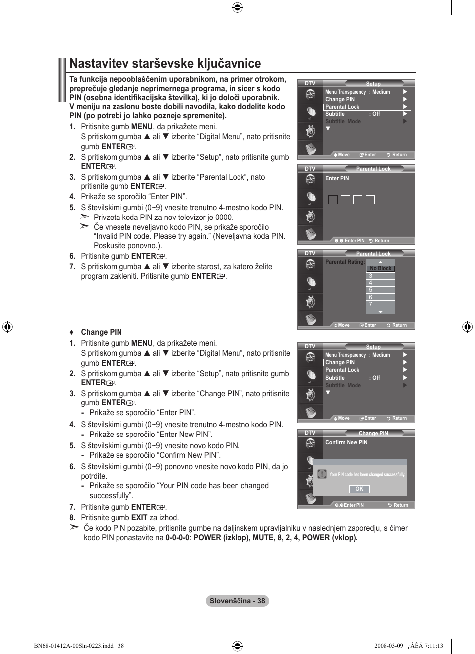 Nastavitev starševske ključavnice | Samsung LE37A656A1F User Manual | Page 516 / 546