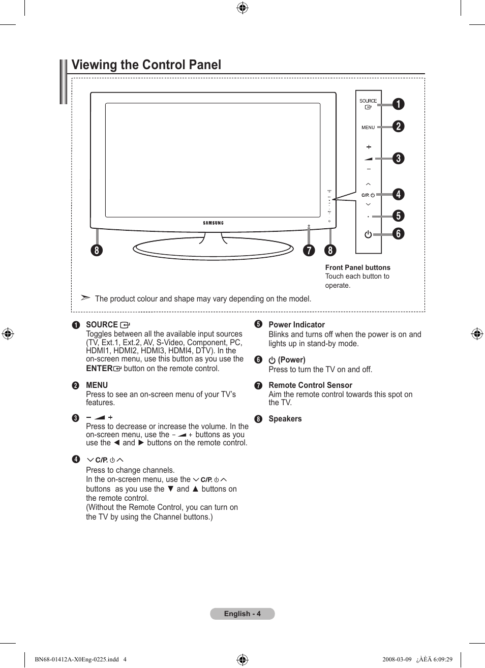 Viewing the control panel | Samsung LE37A656A1F User Manual | Page 6 / 546