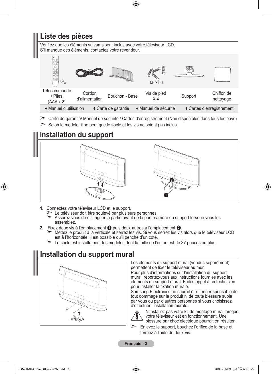 Liste des pièces, Installation du support, Installation du support mural | Samsung LE37A656A1F User Manual | Page 73 / 546