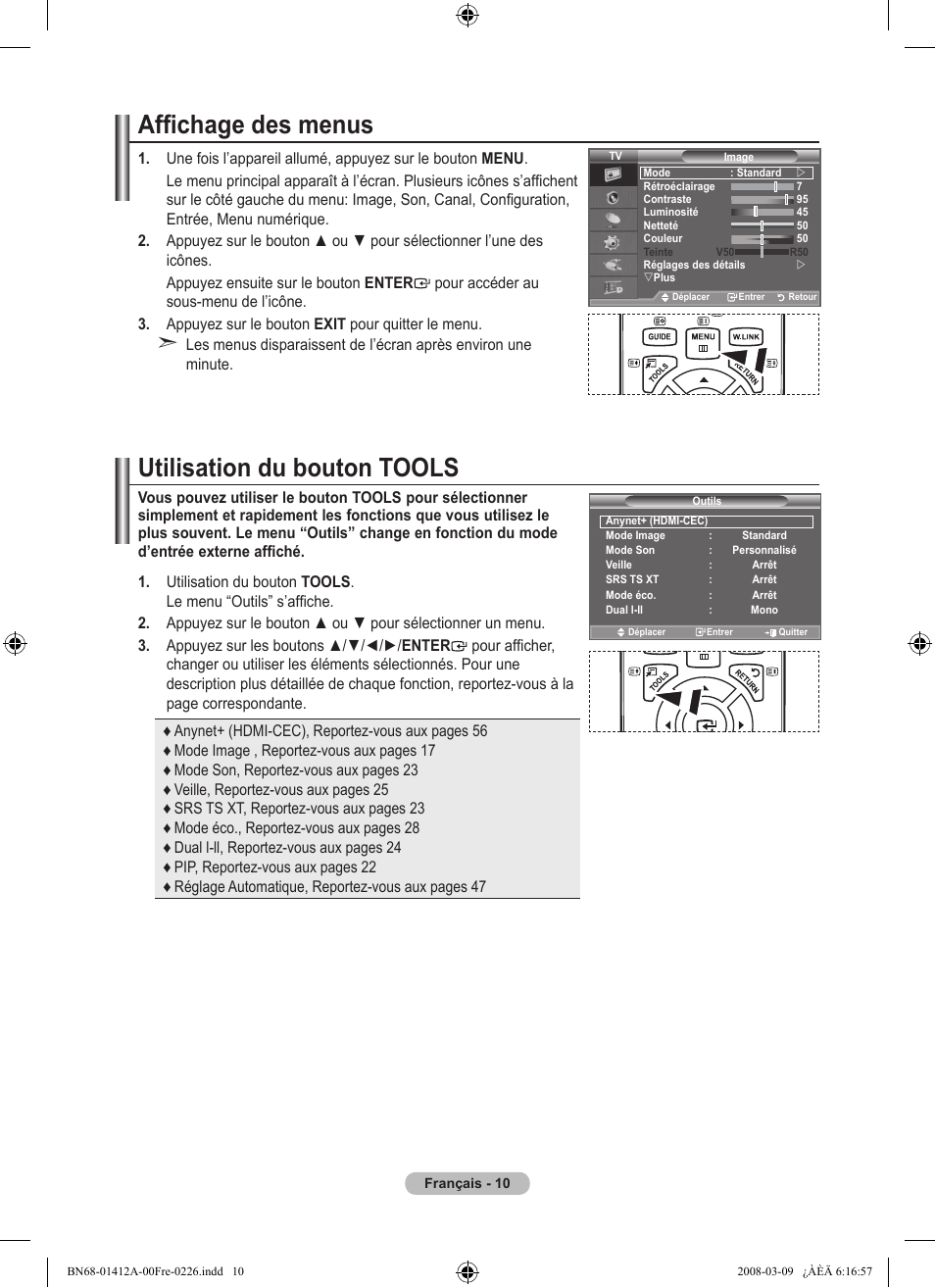 Affichage des menus, Utilisation du bouton tools | Samsung LE37A656A1F User Manual | Page 80 / 546