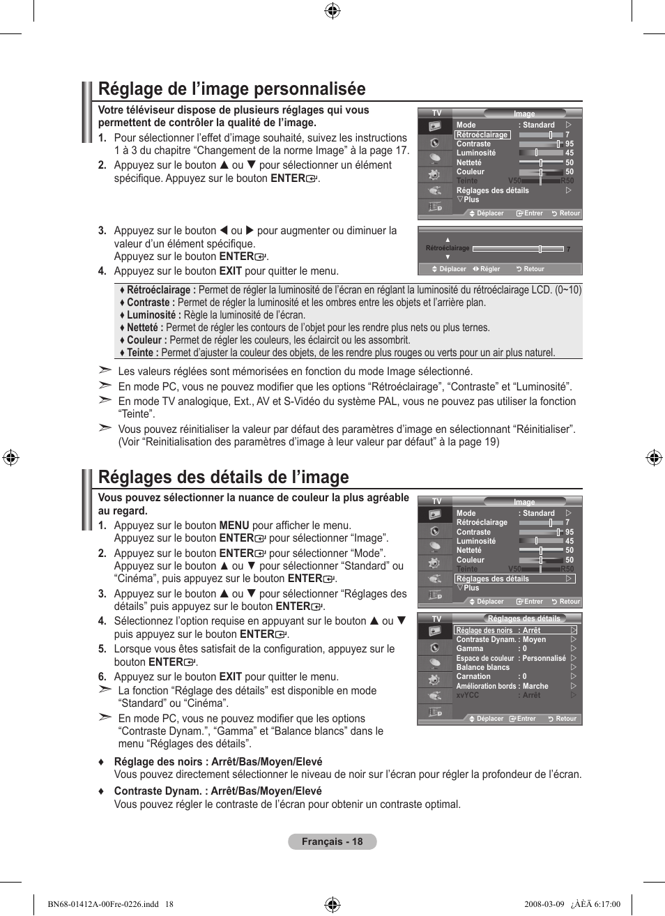 Réglage de l’image personnalisée, Réglages des détails de l’image | Samsung LE37A656A1F User Manual | Page 88 / 546