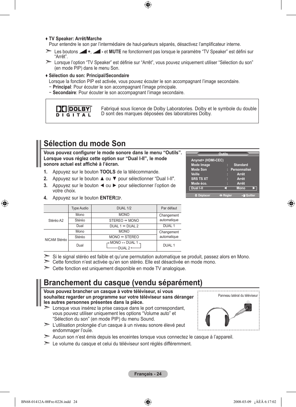 Branchement du casque (vendu séparément), Sélection du mode son | Samsung LE37A656A1F User Manual | Page 94 / 546