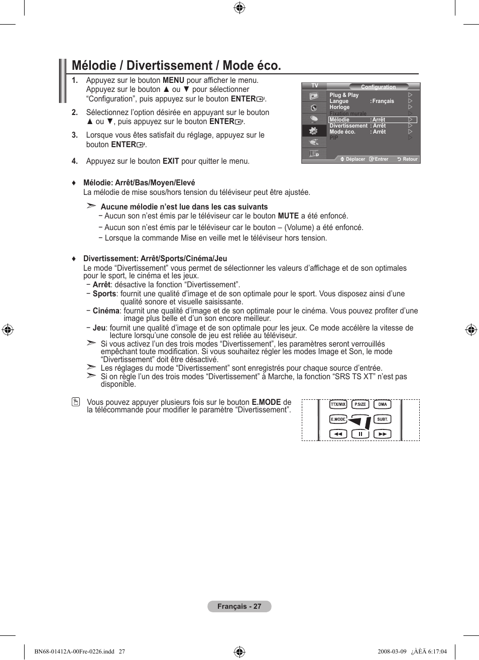 Mélodie / divertissement / mode éco | Samsung LE37A656A1F User Manual | Page 97 / 546