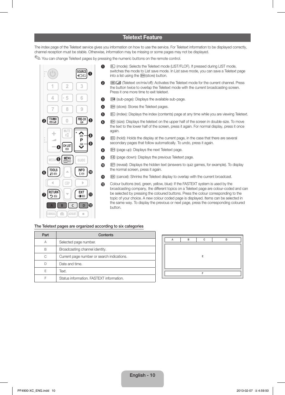 Teletext feature | Samsung PS51F4900AK User Manual | Page 10 / 83