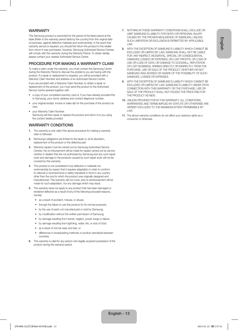 English warranty, Procedure for making a warranty claim, Warranty conditions | English - 13 | Samsung PS51F4900AK User Manual | Page 13 / 83